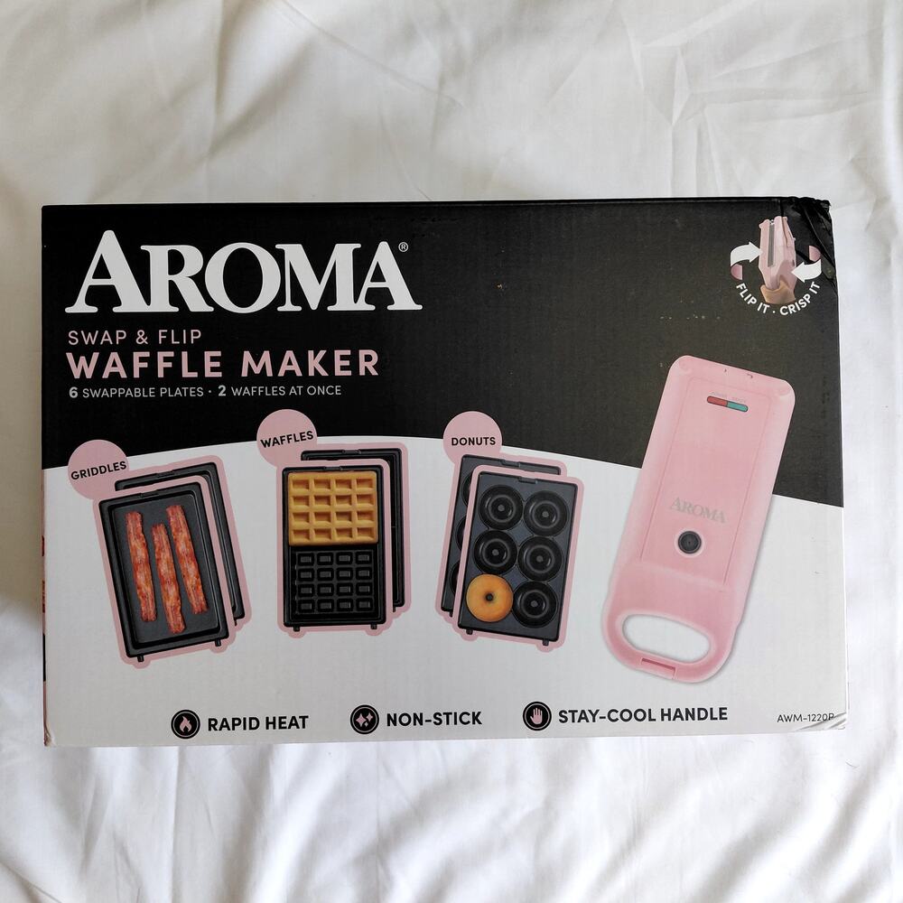 Aroma Swap & Flip Waffle Maker 3-in-1 Donut Panini Grill NIB Pink